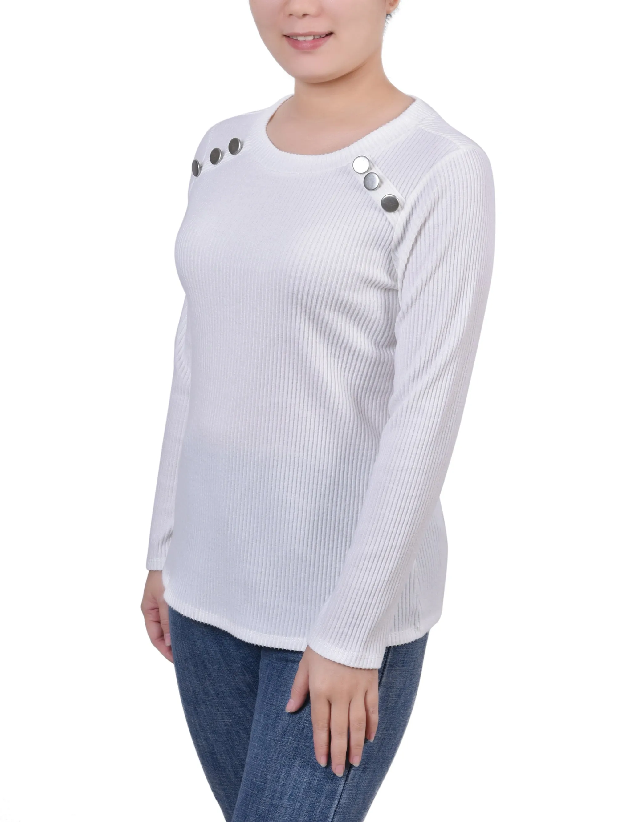 Petite Langarm-Rippenstoff-Bluse mit Knopfdetail