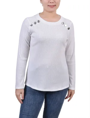 Petite Langarm-Rippenstoff-Bluse mit Knopfdetail