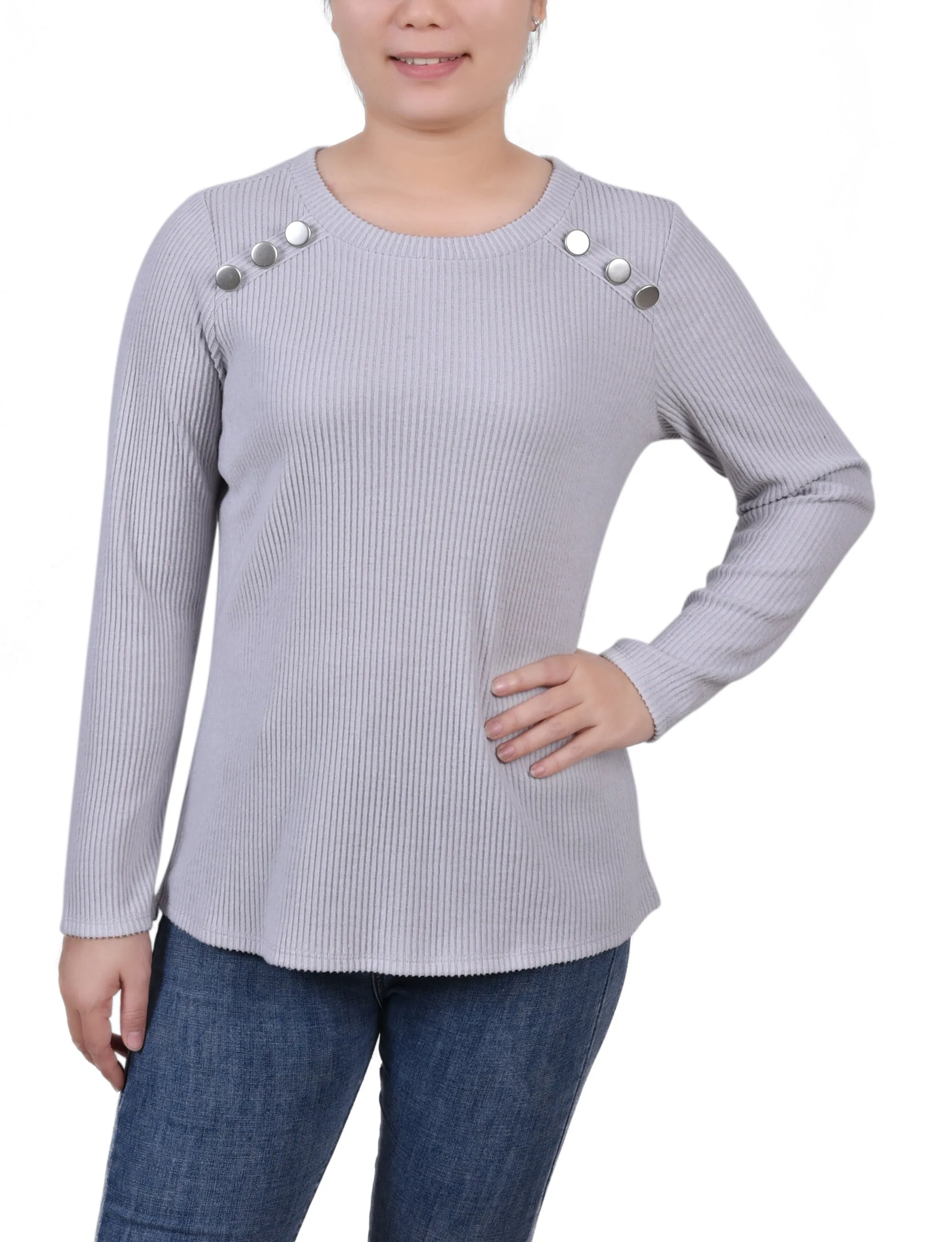 Petite Langarm-Rippenstoff-Bluse mit Knopfdetail