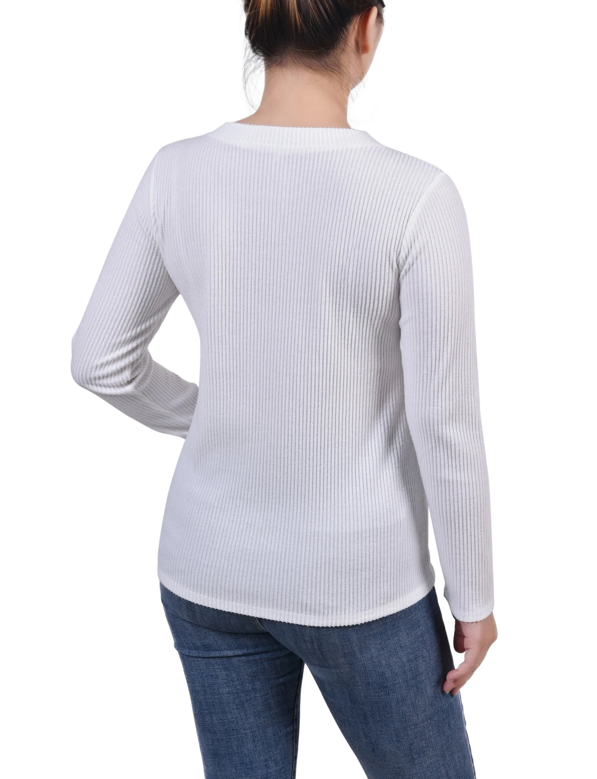 Petite Langarm-Rippenstoff-Bluse mit Knopfdetail