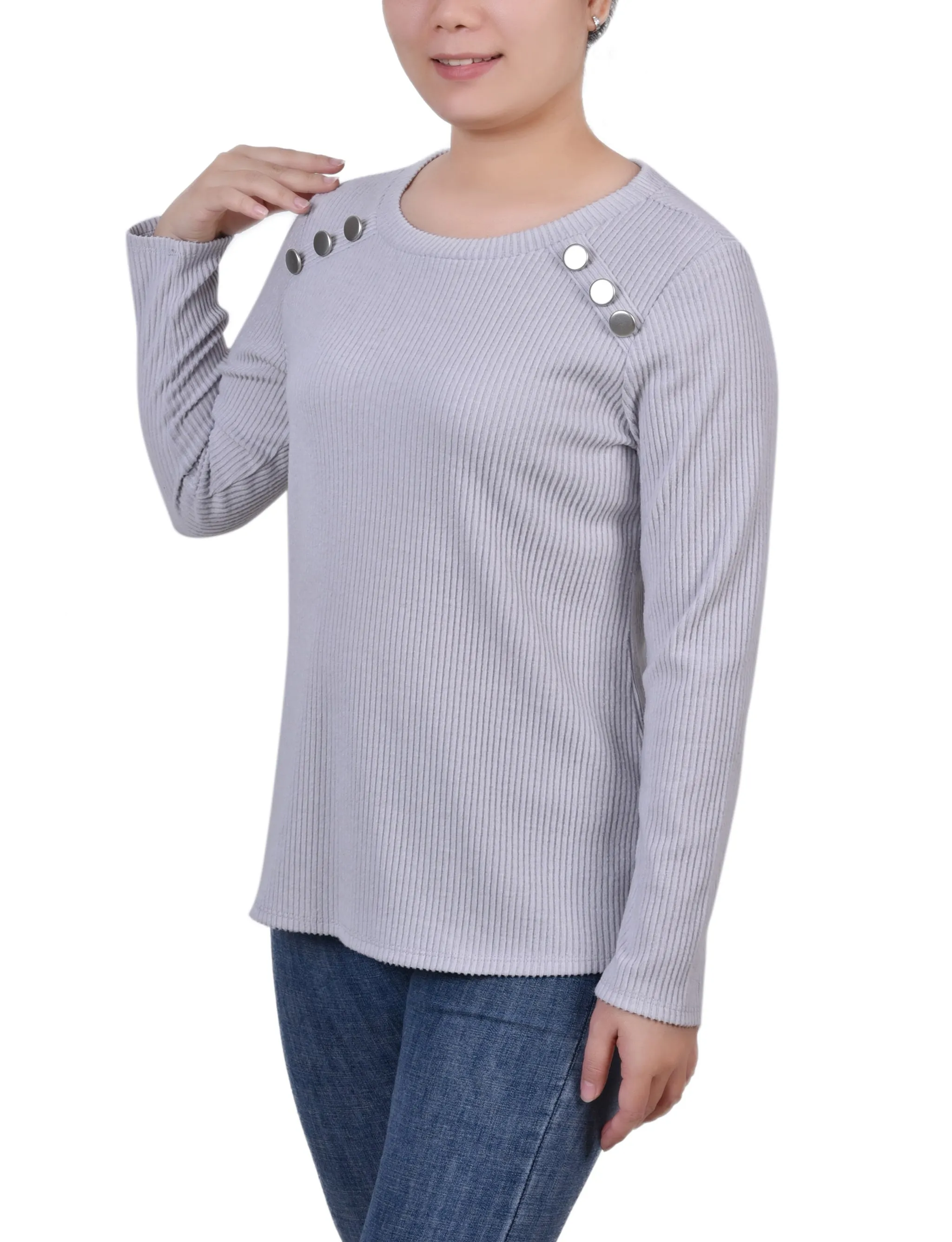 Petite Langarm-Rippenstoff-Bluse mit Knopfdetail