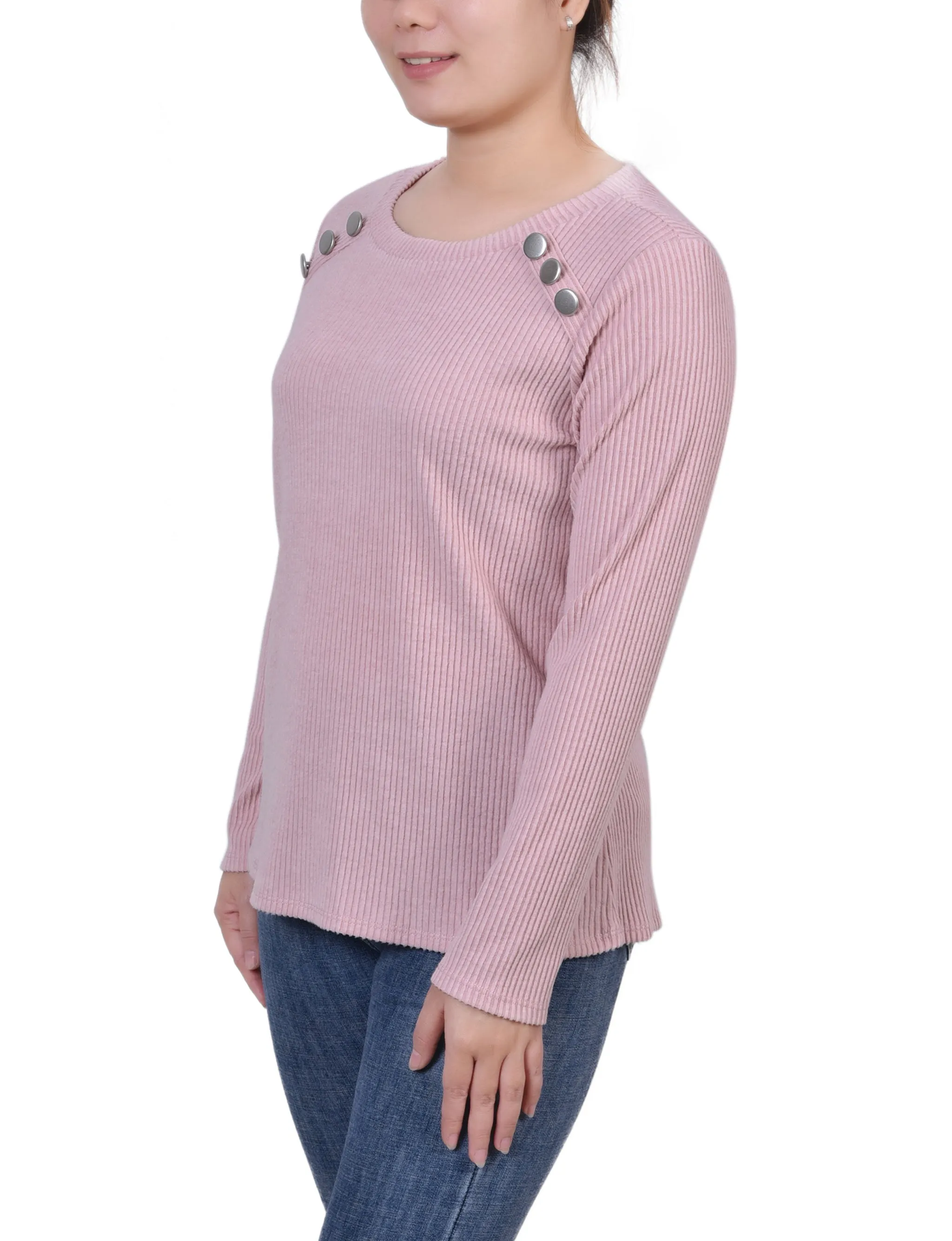 Petite Langarm-Rippenstoff-Bluse mit Knopfdetail