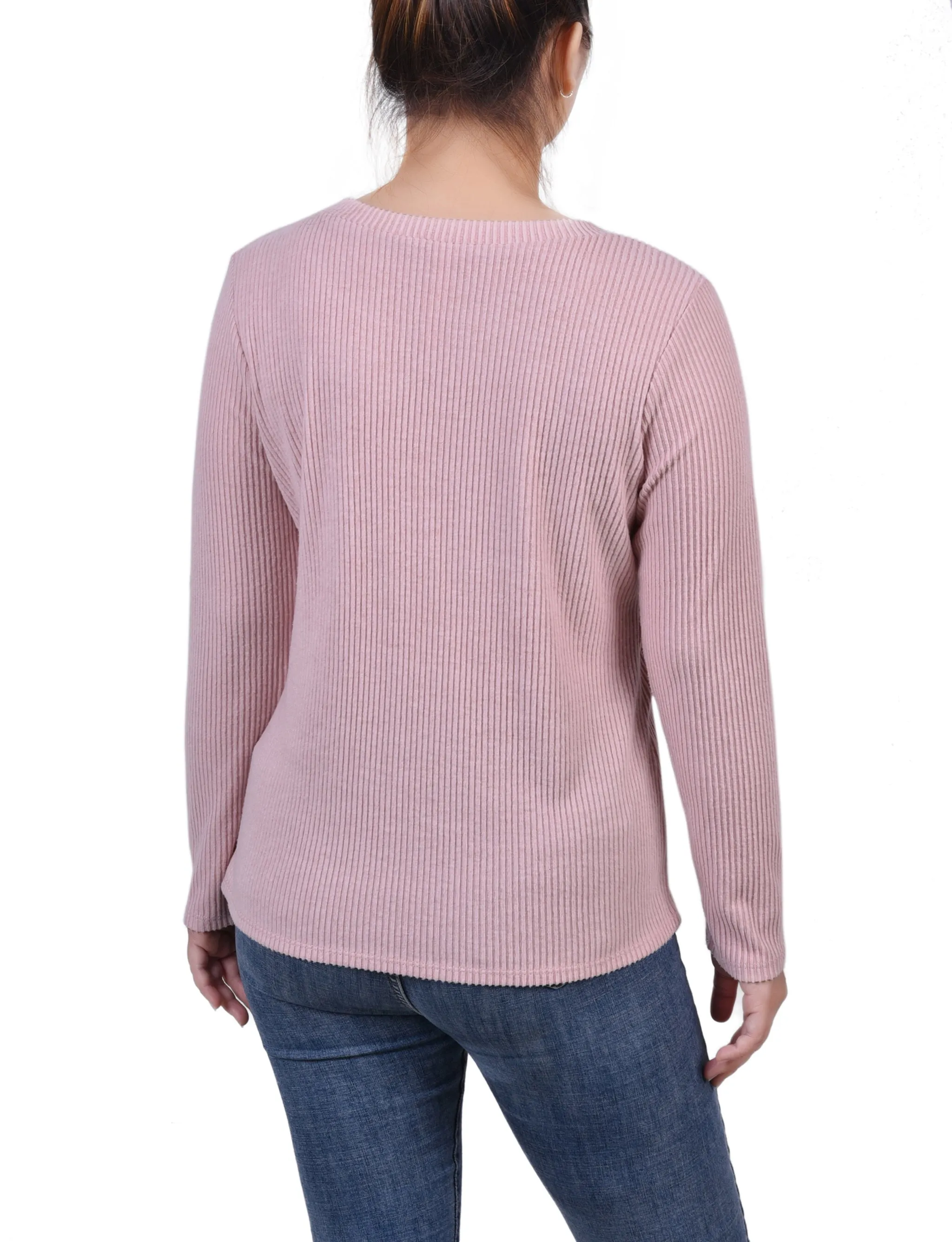 Petite Langarm-Rippenstoff-Bluse mit Knopfdetail