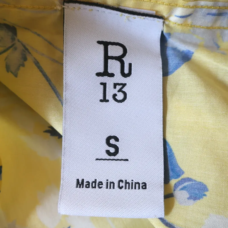 R13 Übertragener Kragen Bluse Gelb Blumenmuster Baumwolle Größe S NEU