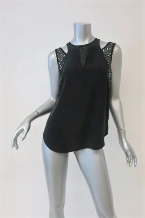 Rebecca Taylor Ausschnitt-Schulter-Tanktop Schwarz Kristallbesetztes Seidengröße 0