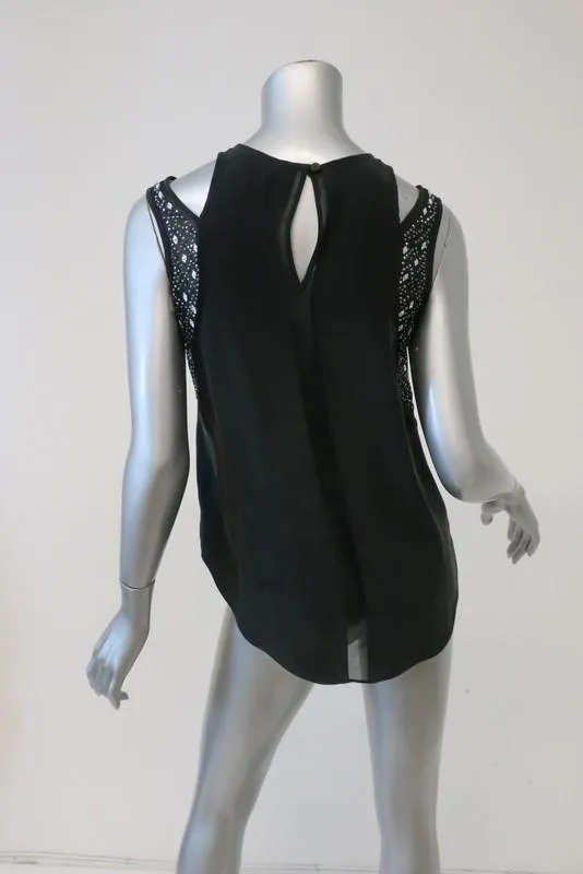 Rebecca Taylor Ausschnitt-Schulter-Tanktop Schwarz Kristallbesetztes Seidengröße 0