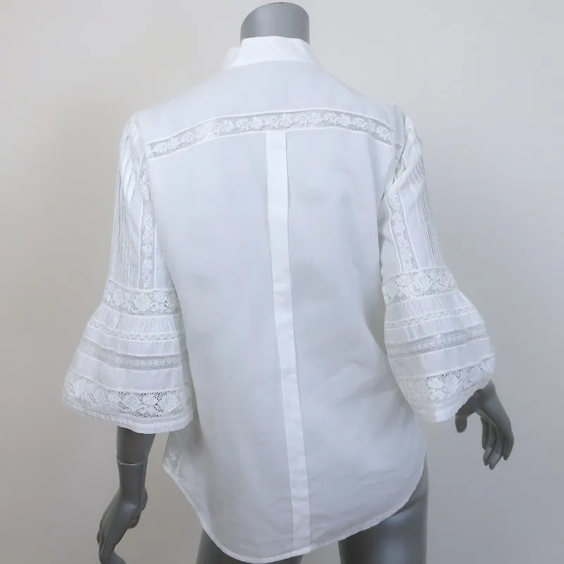 Roberto Cavalli Spitzenbesetztes Glockenärmel-Shirt Weiß Baumwolle Größe 40