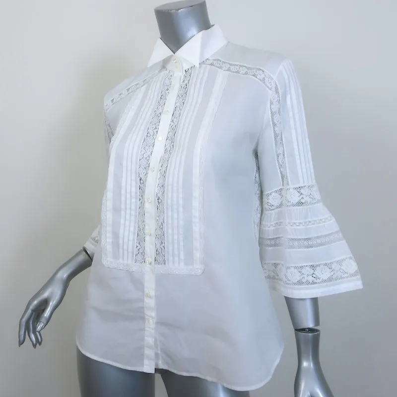 Roberto Cavalli Spitzenbesetztes Glockenärmel-Shirt Weiß Baumwolle Größe 40