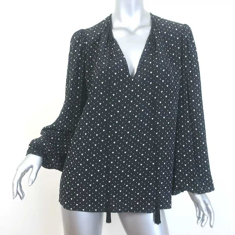 Saint Laurent Herzprint Bluse mit Krawattenverschluss Schwarz Seide Größe 38 Langarm Top