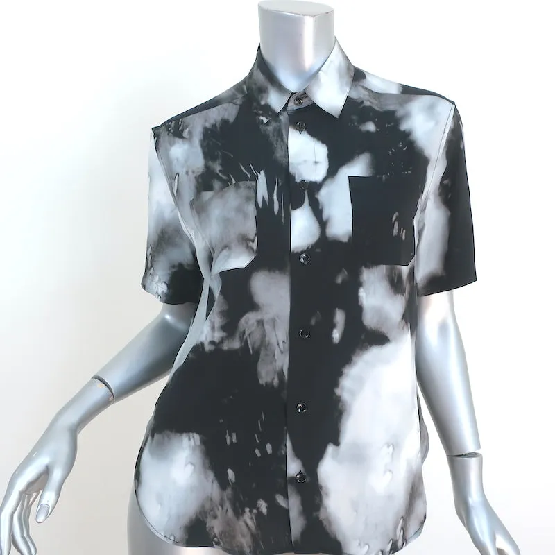 Saint Laurent Kurzarmhemd Schwarz/Grau Tie-Dye Seide Größe 38 Kragenoberteil