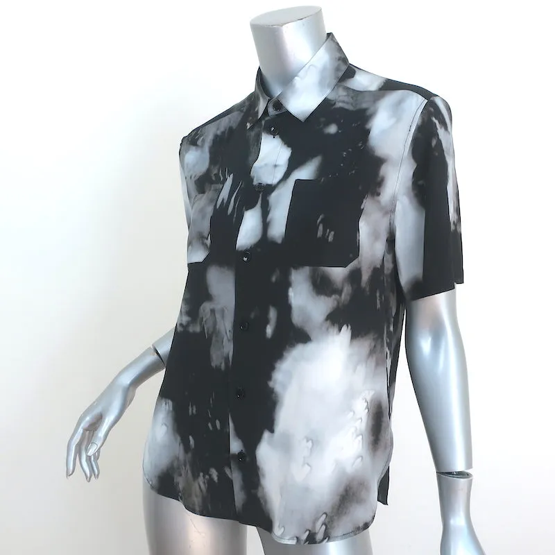 Saint Laurent Kurzarmhemd Schwarz/Grau Tie-Dye Seide Größe 38 Kragenoberteil