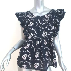SEA Ruffle Bluse Tatiana Marineblau Blumenmuster Baumwolle Größe 0 Flatterärmel Top
