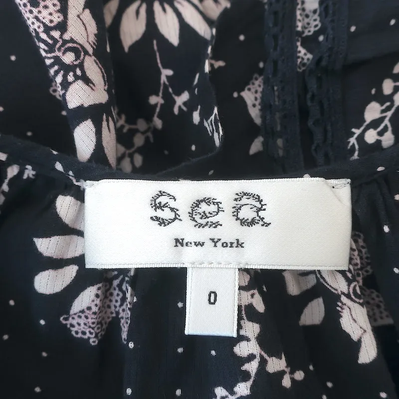 SEA Ruffle Bluse Tatiana Marineblau Blumenmuster Baumwolle Größe 0 Flatterärmel Top