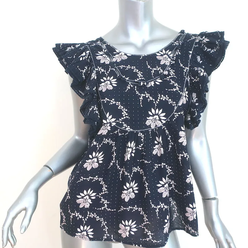 SEA Ruffle Bluse Tatiana Marineblau Blumenmuster Baumwolle Größe 0 Flatterärmel Top