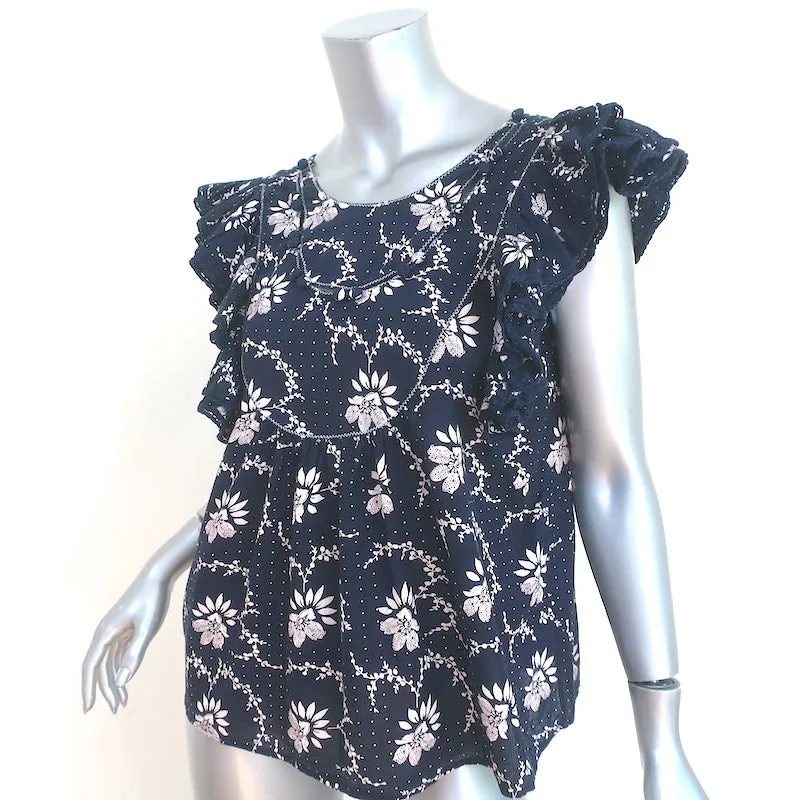 SEA Ruffle Bluse Tatiana Marineblau Blumenmuster Baumwolle Größe 0 Flatterärmel Top