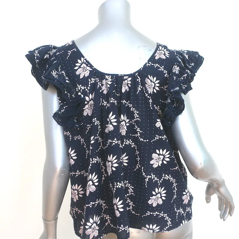 SEA Ruffle Bluse Tatiana Marineblau Blumenmuster Baumwolle Größe 0 Flatterärmel Top
