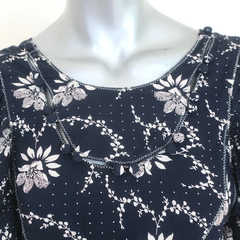 SEA Ruffle Bluse Tatiana Marineblau Blumenmuster Baumwolle Größe 0 Flatterärmel Top