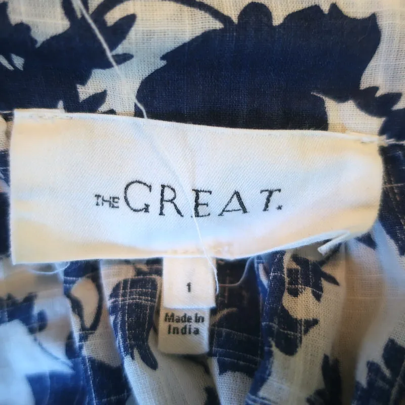 THE GREAT Die Bluse mit Puffärmeln in Größe 1 und floralem Druck in Weiß/Blau