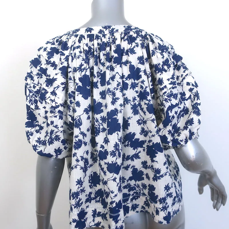THE GREAT Die Bluse mit Puffärmeln in Größe 1 und floralem Druck in Weiß/Blau