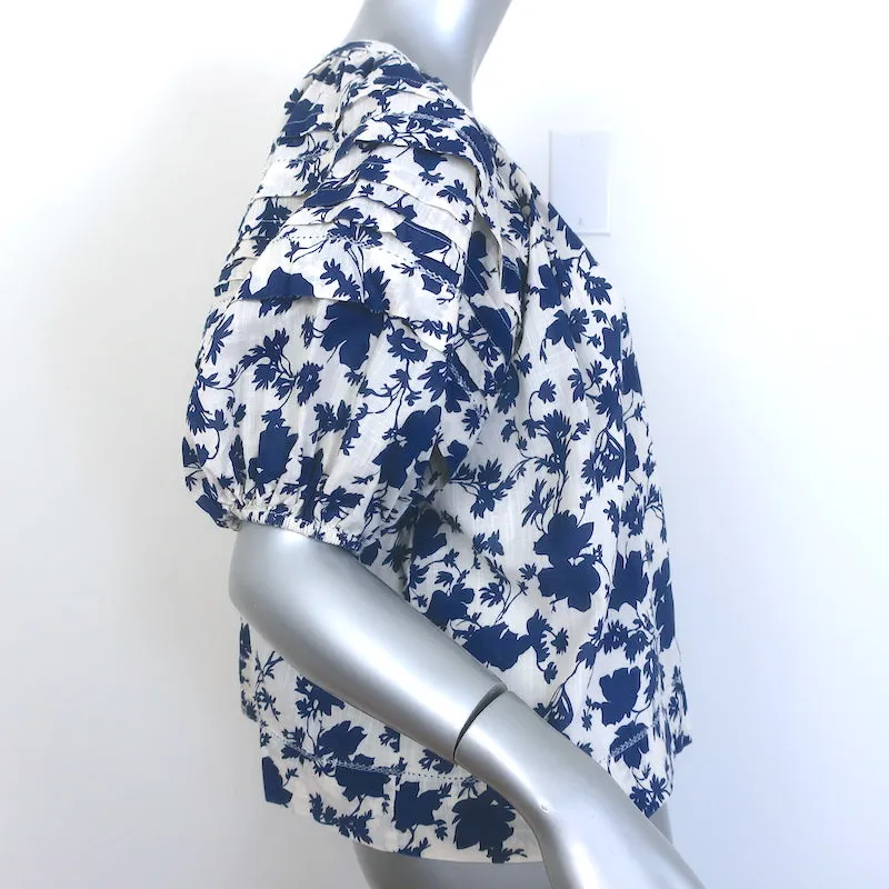 THE GREAT Die Bluse mit Puffärmeln in Größe 1 und floralem Druck in Weiß/Blau