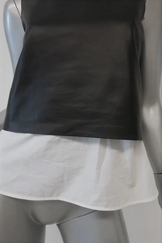 Theory Hodal L Leder-Applikation Top Schwarz/Weiß Größe Petite Ärmellose Bluse