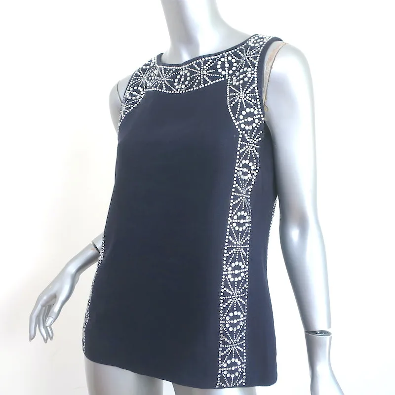 Tory Burch Bluse ohne Ärmel in Marineblau mit Kristallverzierungen aus Leinen in Größe 4