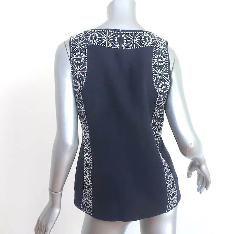 Tory Burch Bluse ohne Ärmel in Marineblau mit Kristallverzierungen aus Leinen in Größe 4