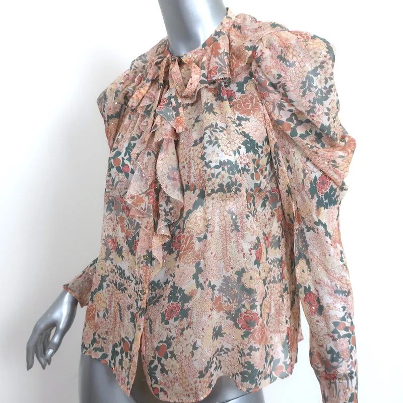 Ulla Johnson Colette Bluse Hellrosa Lurex Blumenmuster Seide Größe 0