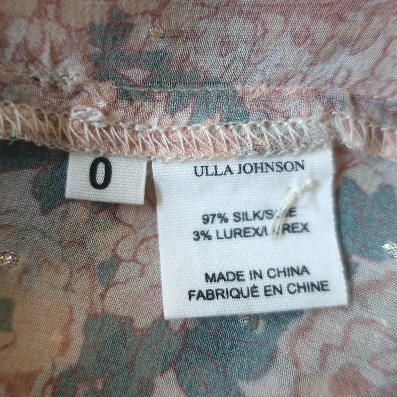 Ulla Johnson Colette Bluse Hellrosa Lurex Blumenmuster Seide Größe 0