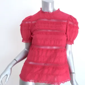 Ulla Johnson Desi Puffärmeliges Top Fuchsia Spitzenbesatz Bestickte Baumwolle Größe 0