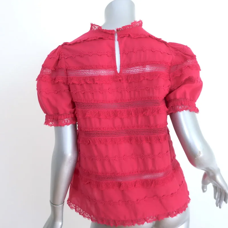 Ulla Johnson Desi Puffärmeliges Top Fuchsia Spitzenbesatz Bestickte Baumwolle Größe 0