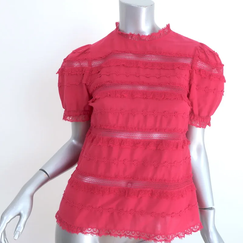Ulla Johnson Desi Puffärmeliges Top Fuchsia Spitzenbesatz Bestickte Baumwolle Größe 0