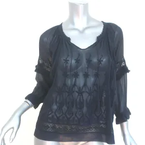 Ulla Johnson Emma Bluse Marine Blau Bestickte Seide Größe 2 Quastenbindung Top NEU