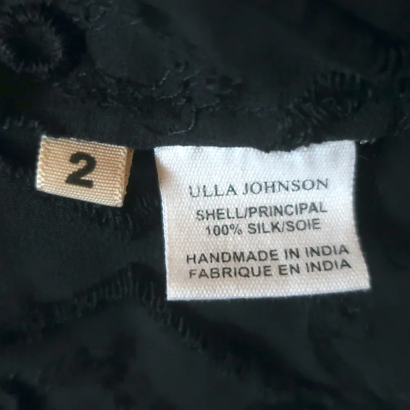 Ulla Johnson Emma Bluse Marine Blau Bestickte Seide Größe 2 Quastenbindung Top NEU