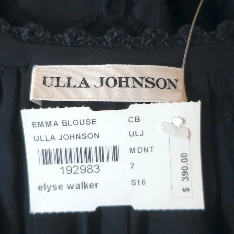 Ulla Johnson Emma Bluse Marine Blau Bestickte Seide Größe 2 Quastenbindung Top NEU