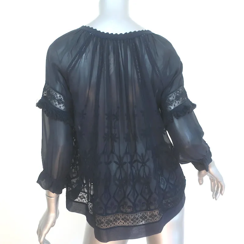 Ulla Johnson Emma Bluse Marine Blau Bestickte Seide Größe 2 Quastenbindung Top NEU