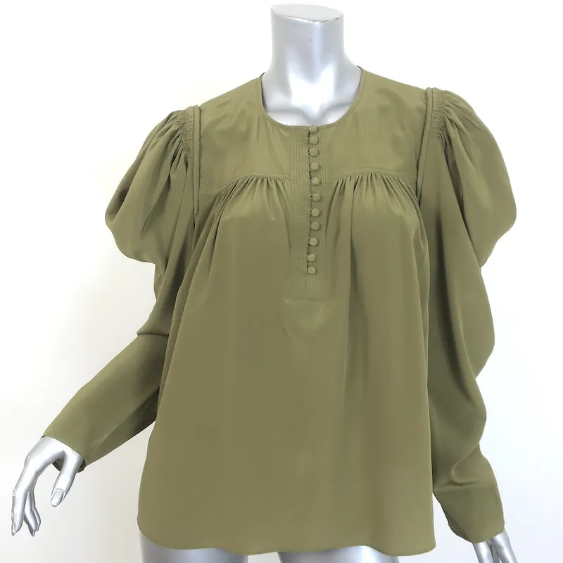 Ulla Johnson Lela Puffärmel-Bluse in Olivgrün aus Seide, Größe 10