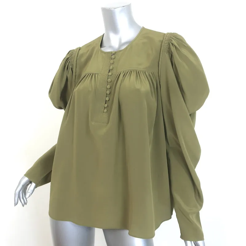 Ulla Johnson Lela Puffärmel-Bluse in Olivgrün aus Seide, Größe 10