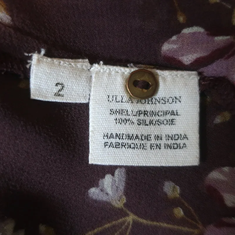 Ulla Johnson Mimi Bluse mit Krawattenverschluss Pflaumenblüten-Druck Seide Größe 2 Langarmtop
