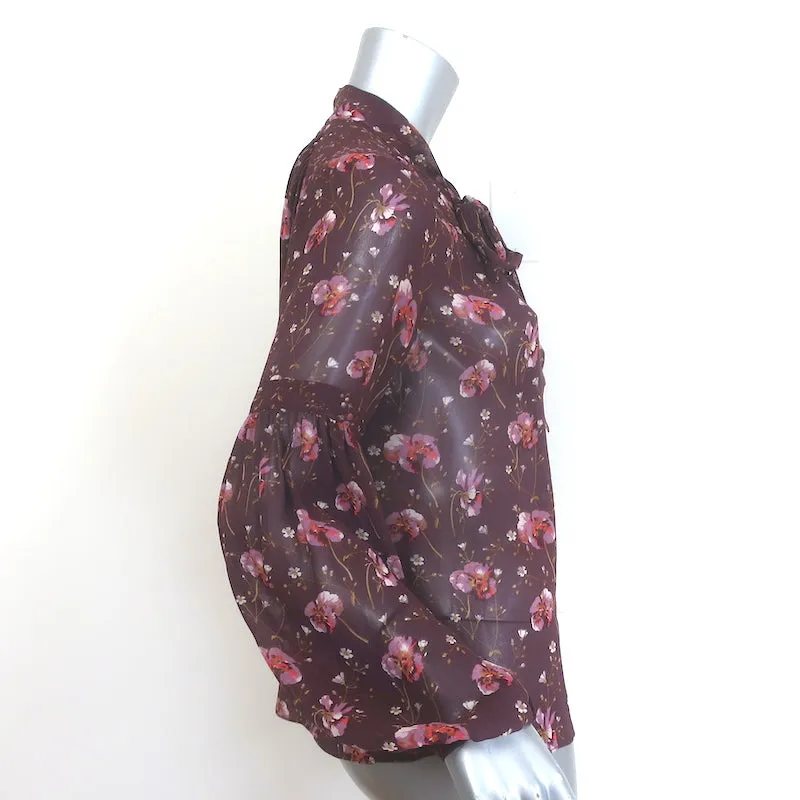 Ulla Johnson Mimi Bluse mit Krawattenverschluss Pflaumenblüten-Druck Seide Größe 2 Langarmtop