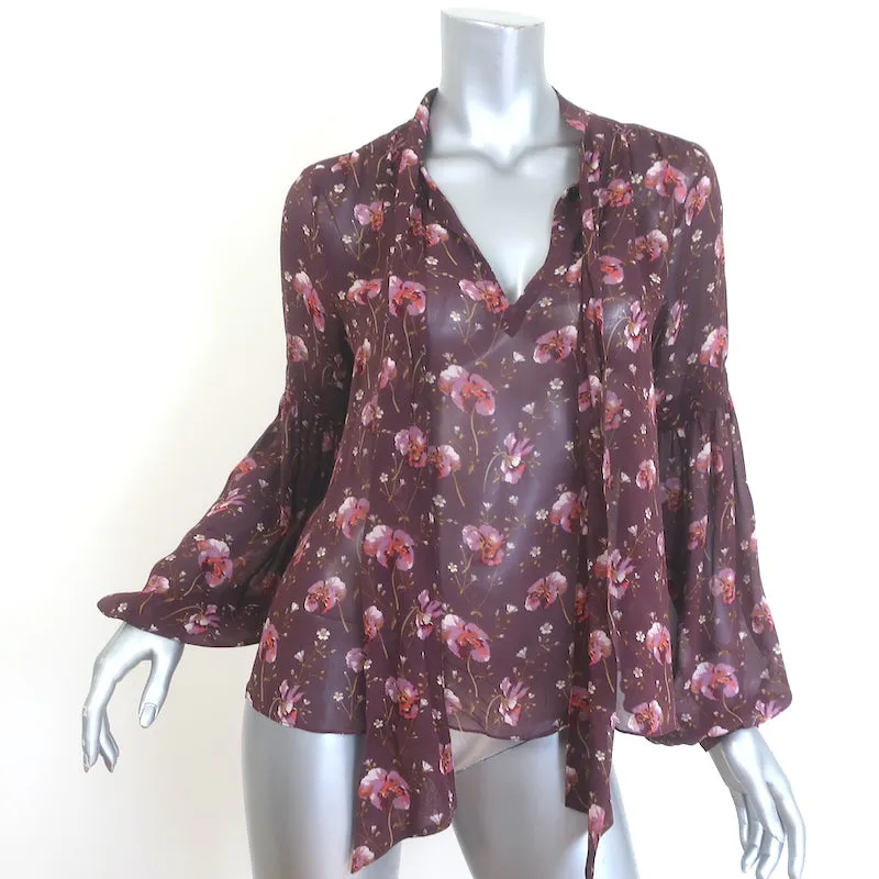 Ulla Johnson Mimi Bluse mit Krawattenverschluss Pflaumenblüten-Druck Seide Größe 2 Langarmtop