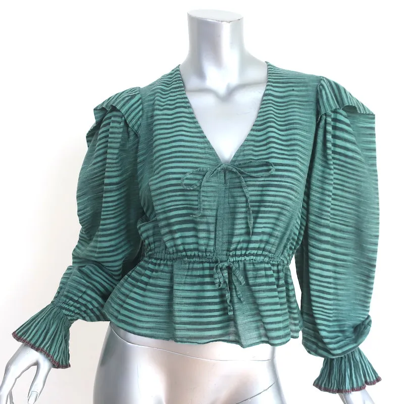 Ulla Johnson Ophelia Peplum Top Türkis Gestreift Baumwolle Größe 0 Langarmbluse