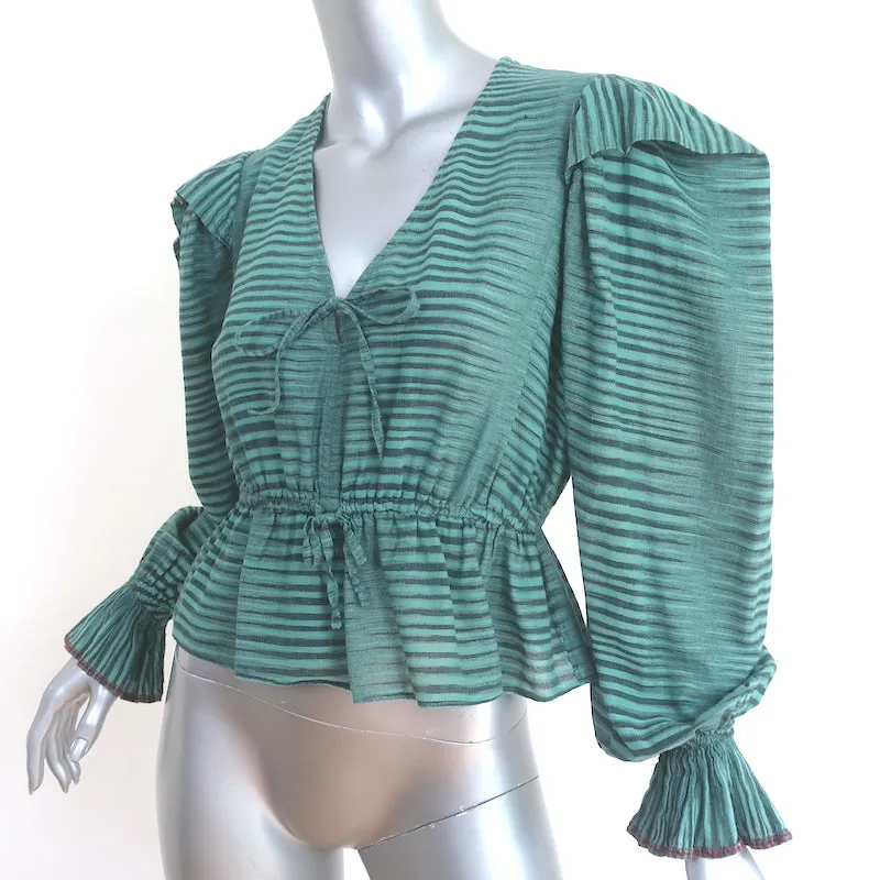 Ulla Johnson Ophelia Peplum Top Türkis Gestreift Baumwolle Größe 0 Langarmbluse