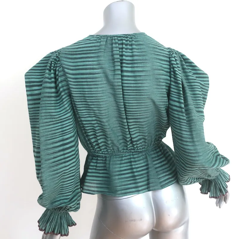Ulla Johnson Ophelia Peplum Top Türkis Gestreift Baumwolle Größe 0 Langarmbluse
