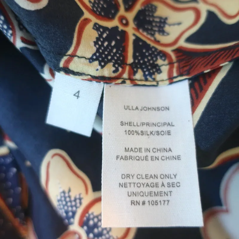 Ulla Johnson Puffärmel-Bluse Naomi Marineblau/Gold Metallik Blumenmuster Größe 4 NEU