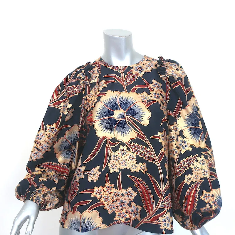 Ulla Johnson Puffärmel-Bluse Naomi Marineblau/Gold Metallik Blumenmuster Größe 4 NEU