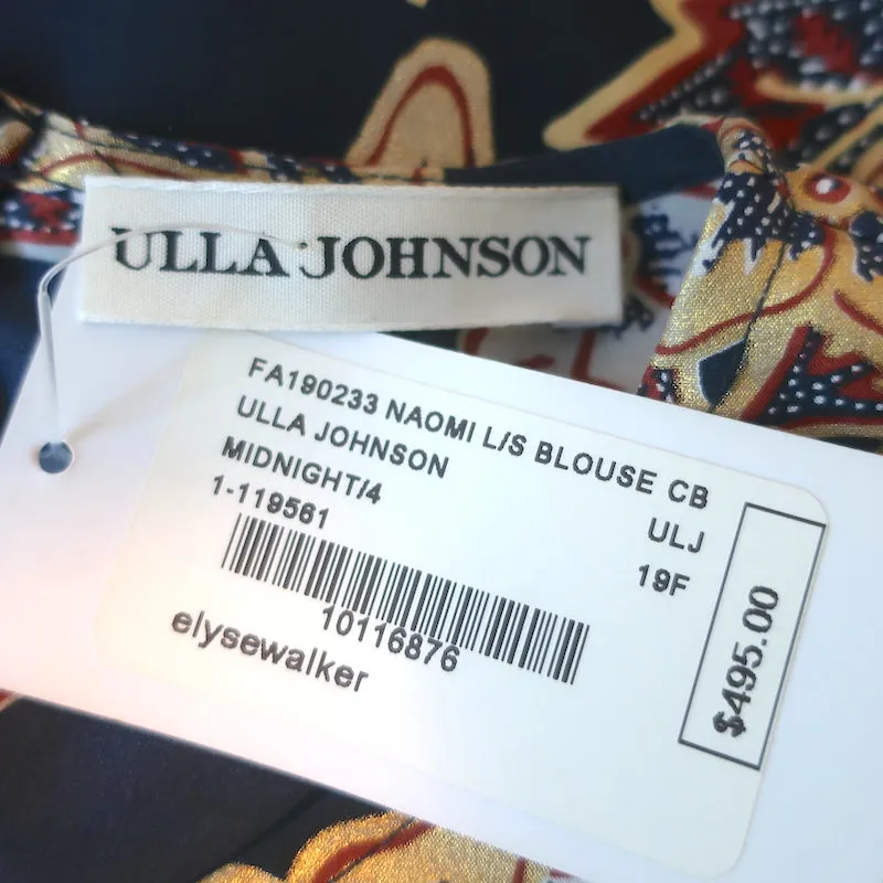 Ulla Johnson Puffärmel-Bluse Naomi Marineblau/Gold Metallik Blumenmuster Größe 4 NEU