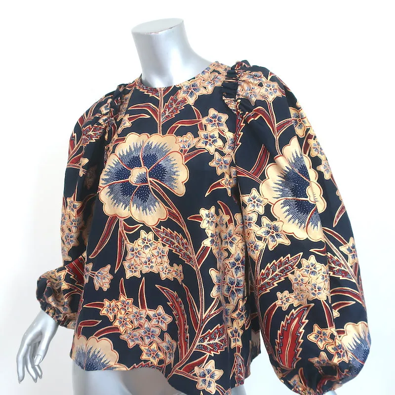 Ulla Johnson Puffärmel-Bluse Naomi Marineblau/Gold Metallik Blumenmuster Größe 4 NEU