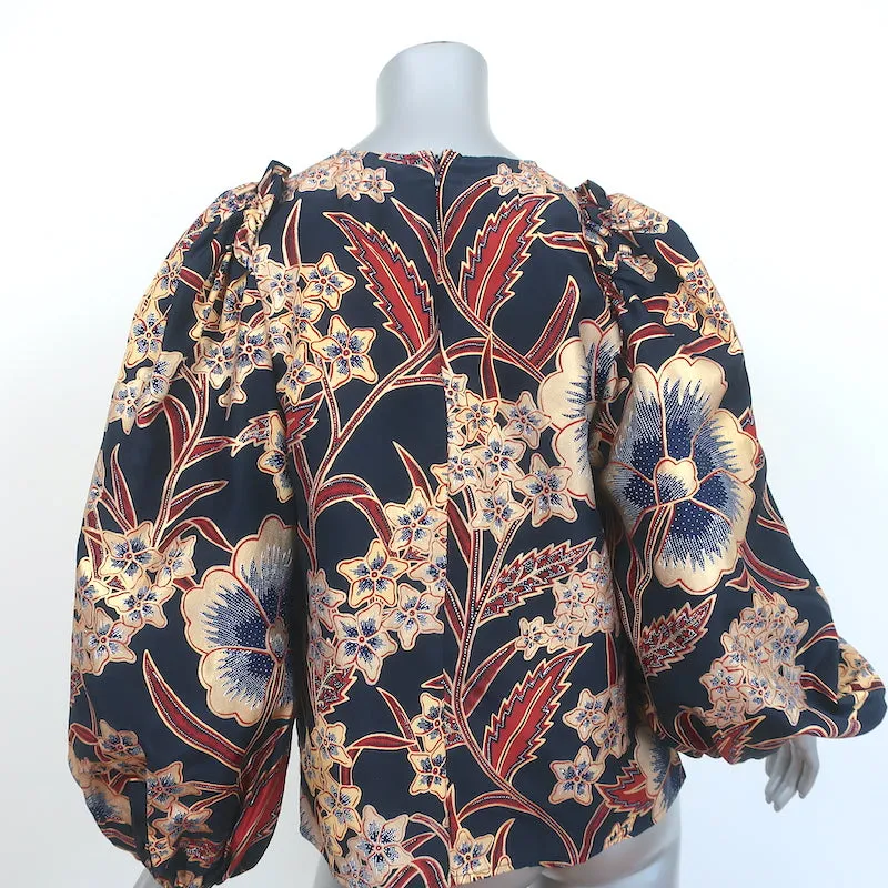 Ulla Johnson Puffärmel-Bluse Naomi Marineblau/Gold Metallik Blumenmuster Größe 4 NEU