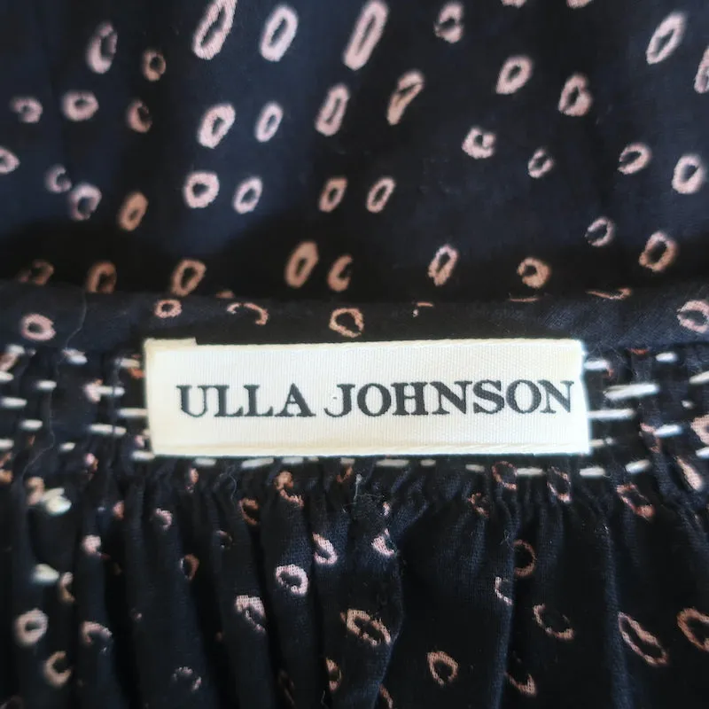 Ulla Johnson Rena Quasten Top Schwarz Gedruckte Baumwolle Größe 6 Bluse mit Kurzärmeln